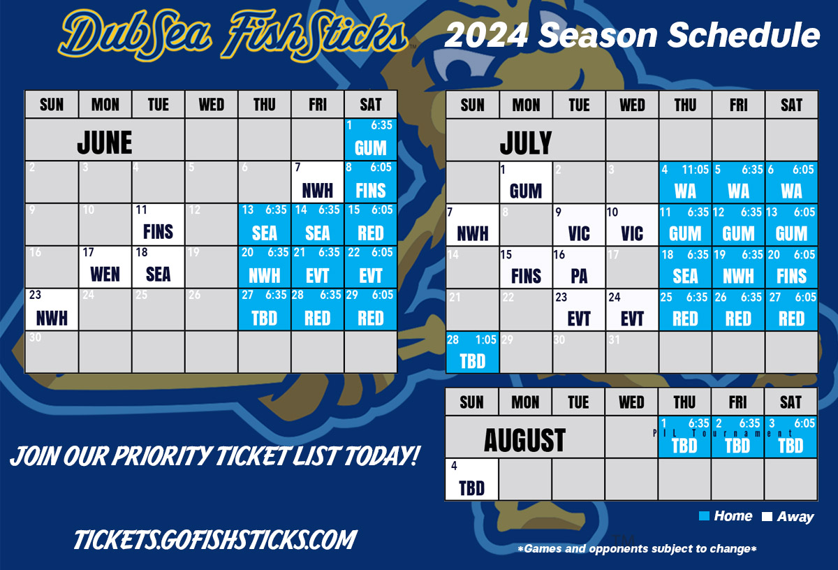 DubSea Fish Sticks 2024 home game schedule. Fun, affordable, family entertainment in West Seattle, WA.